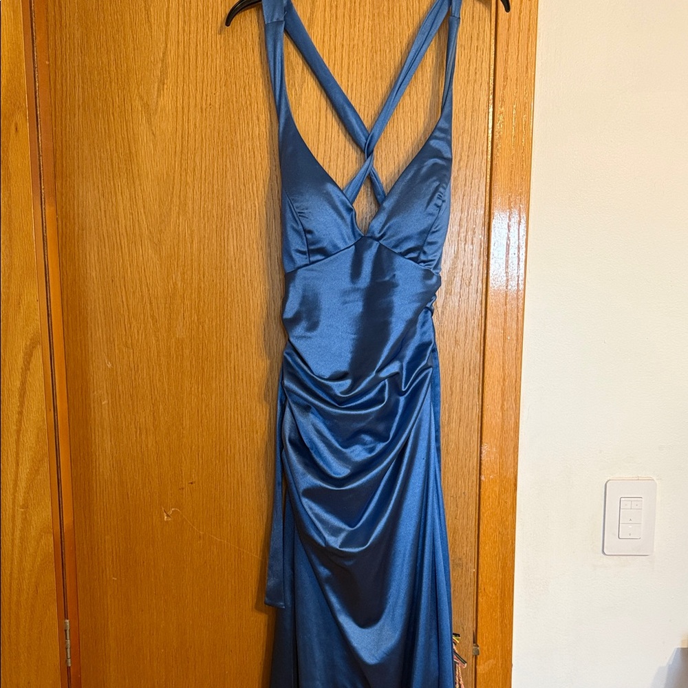 Deep blue satin prom dress